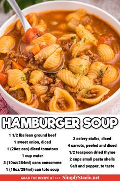 a bowl of hamburger soup with noodles and meat in it, on top of a table