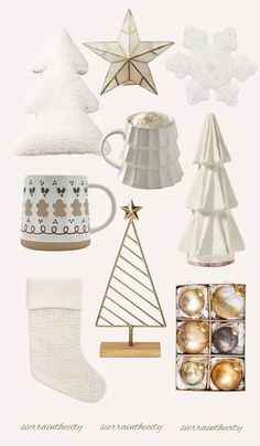 an assortment of christmas items including coffee mugs, stockings and ornaments