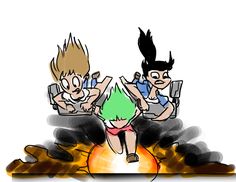 two cartoon characters sitting on top of a fire