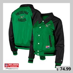 Cheer on the Philadelphia Eagles with a bonafide look that mirrors what coordinators and sideline officials wear each time you grab this Coaches jacket. It features multiple zippered pockets to keep any essentials secure and contrast details for a pop of color along with the undeniable printed Philadelphia Eagles graphics on the front and back. The rib-knit cuffs and hem finish off this bold jacket with a classic Letterman-style look, while the raglan sleeves offer a natural range of motion. Eagles Jacket, Coaches Jacket, Midnight Green, Eagles Nfl, Half Zip Top, Coach Jacket, Half Zip Pullover, Kelly Green