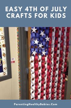 an american flag made out of red, white and blue ribbon hanging on a door