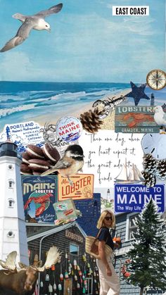 a collage of various items including a lighthouse and seagulls