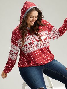 Christmas Elk Contrast Kangaroo Pocket Hooded Sweatshirt Red Long Sleeve Christmas Hoodie, Casual Long Sleeve Holiday Hoodie, Casual Long Sleeve Hoodie For Holiday, Casual Christmas Hoodie Top, Holiday Long Sleeve Hoodie For Fall, Plus Size Sweatshirts, Plus Size Christmas, Womens Trendy Tops, Christmas Graphic