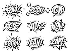 comic speech bubbles in black and white, with pop art style lettering on the bottom