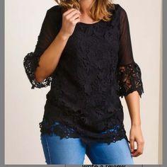 Product Description: Bring Modern-Boho Style To Your Ensemble With This Bell-Sleeve Tunic Featuring Intricate Lace Detail For A Fabulous Finish. Size S: 29'' Long From High Point Of Shoulder To Hem Self: 100% Cotton Contrast: 97% Polyester / 3% Spandex Hand Wash Black Lace Sleeve Top For Summer, Black Summer Tops With Lace Sleeves, Summer Black Top With Lace Sleeves, Bohemian Black Top With 3/4 Sleeves, Black Bohemian Lace Top, Black Lace Sleeves Blouse For Summer, Black Blouse With Lace Sleeves For Summer, Black Bohemian Blouse With 3/4 Sleeves, Lace Tunic Tops