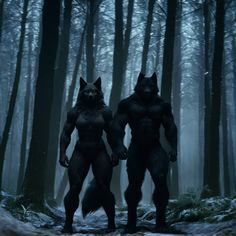 two big furry men standing in the middle of a forest with trees and snow all around