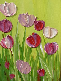 a painting of pink and red flowers in the grass on a green background by itself