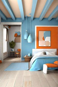 a bedroom with blue and orange walls, wood floors and white ceiling tiles on the floor