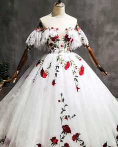 Rose Flowers Embroidery Wedding Dress Lace Off The Shoulder Ball Gown For Bride Style: 313 Colors Available: as-pic /customized Shipping Policy : The Shipping Time Will takes 15-20 days which inclued making the dres and shipped the items , all will be shipped via dhl or fedex ,tnt or aramex Wedding Dress With Red Flowers, Fitted Ball Gown With Floral Applique For Wedding, Fitted Floral Applique Ball Gown For Wedding, Fitted Floral Embroidered Ball Gown For Wedding, Wedding Dresses With Red, Red Floral Embroidered Gown For Wedding, Fitted Wedding Ball Gown With Floral Applique, White Prom Gown With Floral Embroidery, White Floral Embroidered Prom Gown