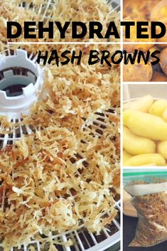 there are many different types of food in this collage, including potatoes and hash browns