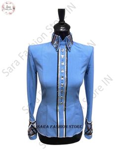 This GORGEOUS Skyblue shirt is covered with gorgeous Swarovski crystals that sparkle from every angle. Sky blue western show shirt. We are using brand fabric. Unveiling our Brand New Shirts done by a professional tailor. Each and Every design is made with the proper pattern So that it wouldn't go to the wrong direction and haven't make you feel the clumsiness and tightened. We also set the seam from all sides of the corner for making the future alteration as we must not be forget to mention about the cloth that we use stretchable which is very supportive to your body and medium weight, which automatically adjust your size and offer great freedom to move and ride while still being light, cool and undeniably stylish. In our expressive designs We also offer our customers to use Leather instea Western Pleasure Outfit, Sara Fashion, Western Show Shirts, Show Jackets, Rodeo Queen, Western Women, Swirl Pattern, Make Design, Shirt Price