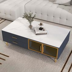 a living room with a couch, coffee table and sofa in the background on carpeted flooring