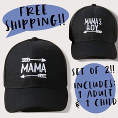 "This is the cutest matching baseball hat set for a Mama and her Mamas Boy! They won't want to match you forever... So happy to give you an everyday accessory for you and your Mini! Grab these matching hats for a limited time! They have a Convenient adjustable strap to ensure maximum comfort and a secure fit. FREE SHIPPING!! Listing includes 2 hats: Adult and Child - Adult: Embroidered \"MAMA\" - Child: Embroidered \"MAMA'S BOY\" Depending on size of child's head, Child hat best for ages 3+ Care Child Boy, Mother Son, Boys Set, Kids Hats