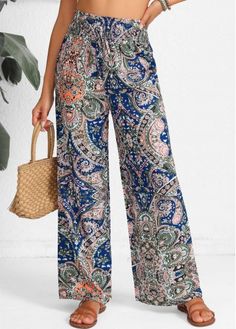 Color:Blue;Size:S;Size:M;Size:L;Size:XL;Package Contents:1 X Pants; Floral Print Beach Bottoms, Casual Boho Print Bottoms For Beach, Floral Print Patterned Bottoms For Vacation, Patterned Floral Print Bottoms For Vacation, Bohemian Stretch High-waisted Wide Leg Pants, Summer Wide-leg Paisley Print Pants, Stretch Multicolor Bottoms With Paisley Print, Summer Vacation Boho Print Bottoms, Bohemian Multicolor Printed Bottoms