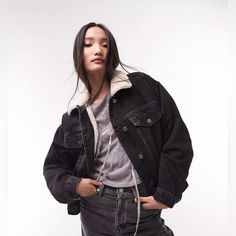 New With Tag Oversized Borg Denim Jacket Washed Black Color Length 23" Width 24.5" Sleeves 22" Topshop Jacket, Maternity Shirt Dress, Borg Jacket, Winter Jeans, Painted Denim, Oversized Denim Jacket, Denim Coat Jacket, Denim Jacket Women, Grey Denim