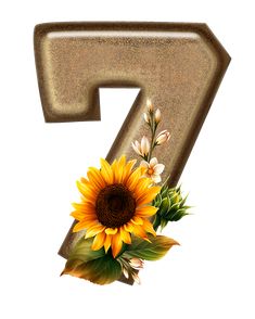 the number seven is decorated with sunflowers and daisies in front of a white background