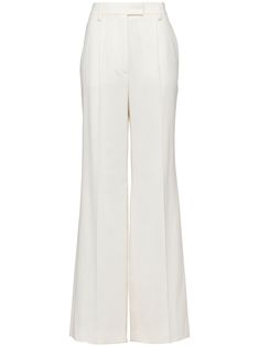 Prada Pants Women, Luxury White Straight Leg Bottoms, Elegant White Straight Dress Pants, Elegant Wide-leg Dress Pants With Pockets, White Luxury Pants, Luxury Fitted White Pants, Elegant Full-length Pantsuit With Pockets, Chic Tailored Dress Pants With Pressed Crease, Tailored Elegant White Bottoms