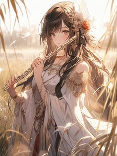 a woman with long hair holding a flute in front of her face while standing in tall grass