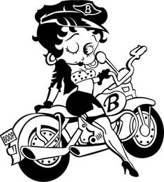 a black and white drawing of a cartoon girl on a motorbike with the letter b