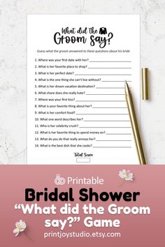 the printable bridal shower game for brides and grooms is shown next to a