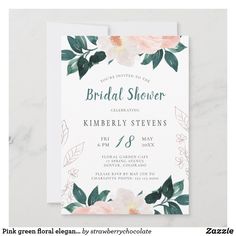 an elegant floral bridal shower card with pink flowers and green leaves on the front