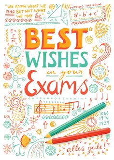 the best wishes in your exam book with pencils and music notes on it,