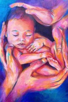 a painting of a woman holding a baby in her arms and the child's head