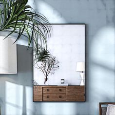 a mirror hanging on the wall next to a plant