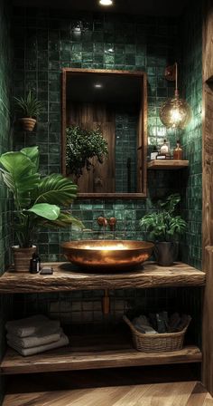 70s-inspired bathroom with bold wallpaper and a freestanding copper bathtub Green Bathroom Restaurant, Interior Inspired By Nature, Restaurant Toilet Design Ideas, Bathroom Ideas Green And Gold, Green Tile Restaurant, Restaurant Toilet Design, 1920 Bathroom, Blue Green Bathroom, Baie Vintage