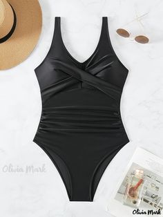 Olivia Mark - Plain Black Ruched One-piece Swimsuit, Stretchy High Cut Slimming Bathing Suits, Women's Swimwear & Clothing Black Ruched Swimwear For Pool, Solid Ruched Bodysuit For Beach Season, Black Ruched Tankini For Beach Season, Black Ruched One-piece Swimwear, Black Ruched Bodysuit For Beach, Black Ruched Bodysuit For The Beach, Bathing Suits Women, Women's Swimwear, Swimwear Outfit