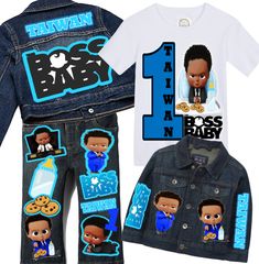 How adorable is this Boss Baby Inspired Denim set?! Perfect for your little ones birthday,photoshoot, or special event! Items are available as a set or separately,choose what you would like from the drop down menu. Please leave name and age needed during checkout! ***PAINT SPLATTER IS NO LONGER AVAILABLE Images can now be added to the front of the jacket at an additional charge, please choose the proper selection from the drop down menu to upgrade* ***PLEASE NOTE THAT DENIM SHADES IN PANTS AND J Mickey Mouse Birthday Outfit, Baby Boys Outfit, Baby Birthday Outfit, Denim Set, Custom Shoes Diy, Girls Overalls, Shoes Diy, Baby Birthday Party