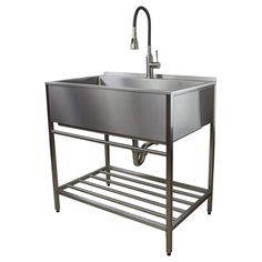 a stainless steel sink with an overflowing faucet and metal rack underneath it