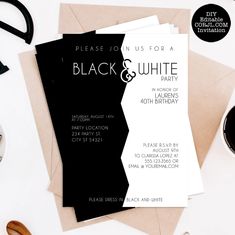 black and white party card with envelopes, coffee cup and other items on the table