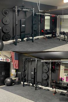 there are two pictures of the inside of a home gym with various equipment in it