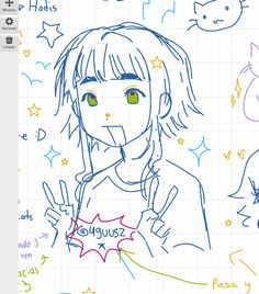 a drawing of a girl with green eyes and stars on her shirt, in front of a white background