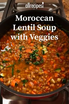 moroccan lentil soup with veggies in a skillet on the stove top