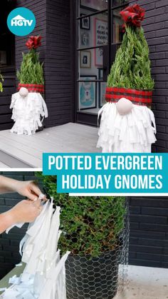 two potted evergreen holiday gnomes made out of toilet paper