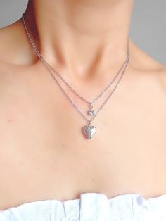 Silver Double Heart Charm Necklace, Silver Dainty Heart Locket Necklace, Dainty Silver Heart Locket Necklace, Dainty Heart-shaped Silver Locket Necklace, Dainty Silver Locket Necklace For Valentine's Day, Dainty Silver Necklace, Silver Heart Locket, Oval Locket, Minimal Necklace