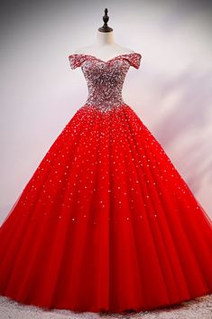 Quinceanera Dresses Red, Sparkle Prom Dress, Red Ball Gown, Crystal Top, Gown Red, Formal Occasion Dress, Prom Dresses With Pockets, Red Sparkle, 16 Dresses