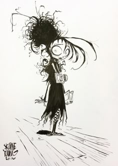 a black and white drawing of a woman with curly hair standing in the middle of a street