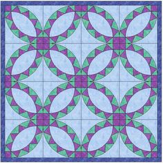 a blue and purple quilt with circular designs on the center, in shades of green