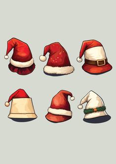 six christmas hats are shown in different styles and colors, including one with a santa hat on