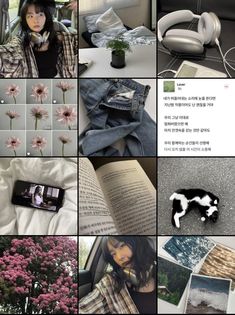 a collage of photos with flowers, books, and headphones on it's sides