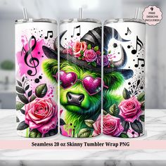 three stainless steel tumblers with the same design on them, each featuring a green bear and pink roses