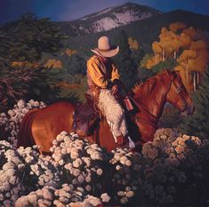 a painting of a man riding on the back of a brown horse in a field of flowers