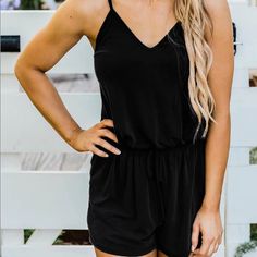 Nwt Black Spaghetti Straps V Neck Crisscross Back Romper With Tie At Waist. Style: Shorts Material: 95% Polyester + 5% Spandex Measurements Taken Are Laying Flat Without Stretch. There Is A Decent Amount Of Stretch To Entirety Of Romper. Bust: 37.5” Waist: 30” Length: 29.5” Black Spaghetti Strap Jumpsuits And Rompers For Loungewear, Black Spaghetti Straps Jumpsuits For Loungewear, Black Spaghetti Straps Jumpsuits And Rompers, Black V-neck Summer Jumpsuits And Rompers, Black Spaghetti Strap Jumpsuits And Rompers For Summer, Black V-neck Summer Jumpsuit, Black Spaghetti, Black Spaghetti Strap, Style Shorts