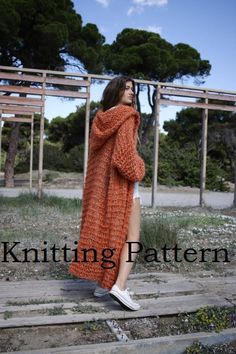 How to knit an over-sized long cardigan with hood easy | Etsy Chunky Cardigan Pattern, Hooded Cardigan Pattern, Long Cardigan Knitting Pattern, Dik Vest, Cardigan With Hood, Long Cardigan Coat, Cardigan Au Crochet, Long Sweater Coat, Fall Sweaters For Women