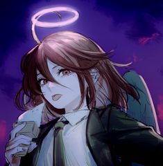 an anime character with long hair and a halo above his head, standing in front of a purple sky