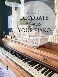 a piano with the words 3 gifts to decorate above it, and an image of a statue