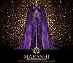 a purple dress with gold glitters behind it and the words maraashi on it